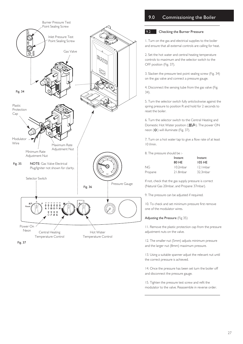 0 commissioning the boiler, 2 checking the burner pressure | Baxi Potterton 80 HE User Manual | Page 27 / 52
