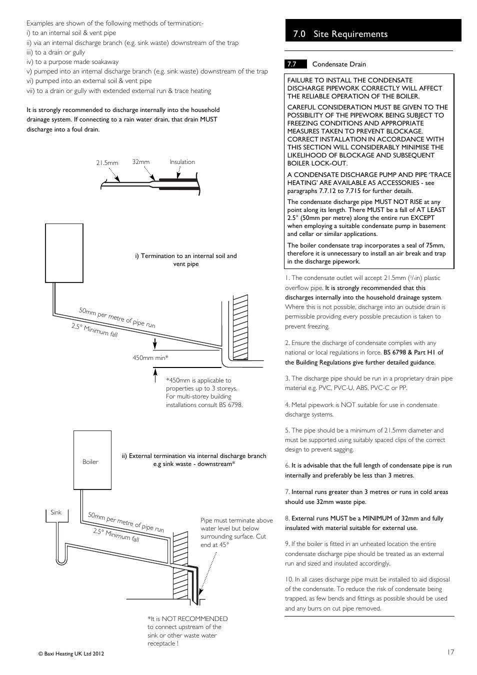 0 site requirements | Baxi Potterton Titanium Condensing Combination Boiler 47-393-40 User Manual | Page 17 / 64