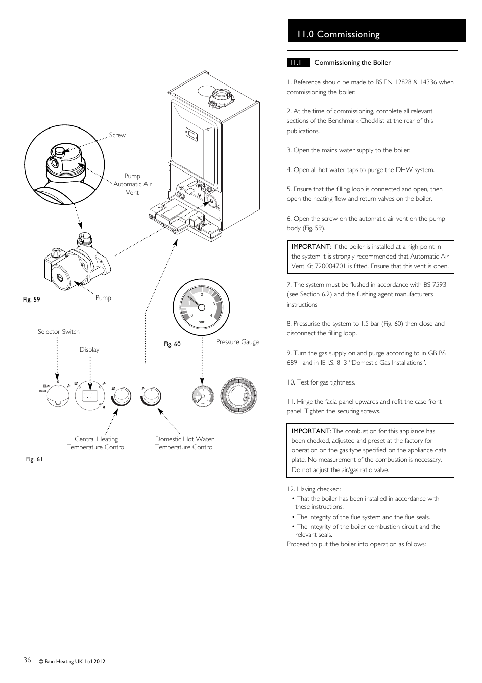 0 commissioning, 1 commissioning the boiler, Pump | Display, Fig. 59, Fig. 61 fig. 60 | Baxi Potterton Titanium Condensing Combination Boiler 47-393-40 User Manual | Page 36 / 64