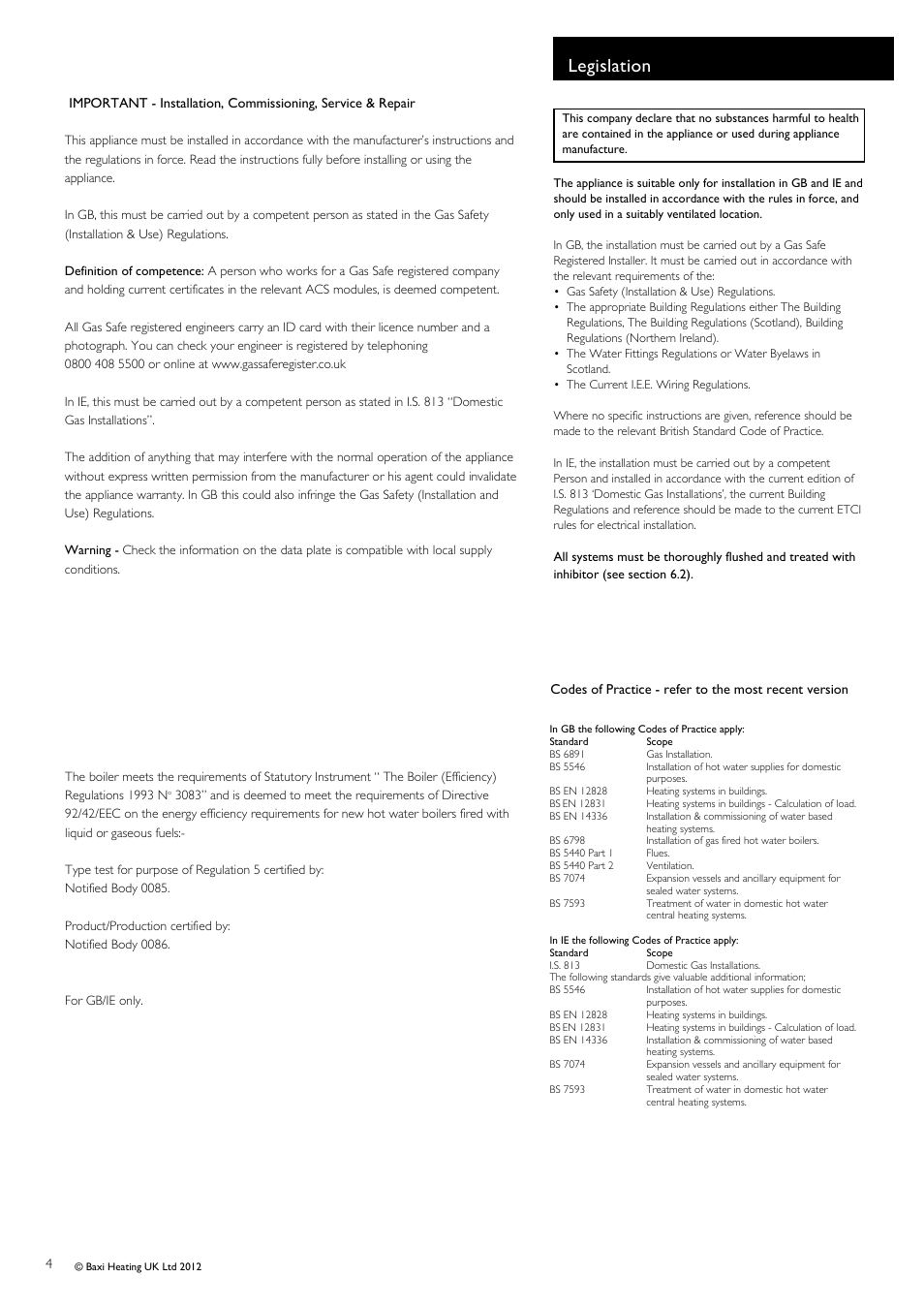 Legislation | Baxi Potterton Titanium Condensing Combination Boiler 47-393-40 User Manual | Page 4 / 64