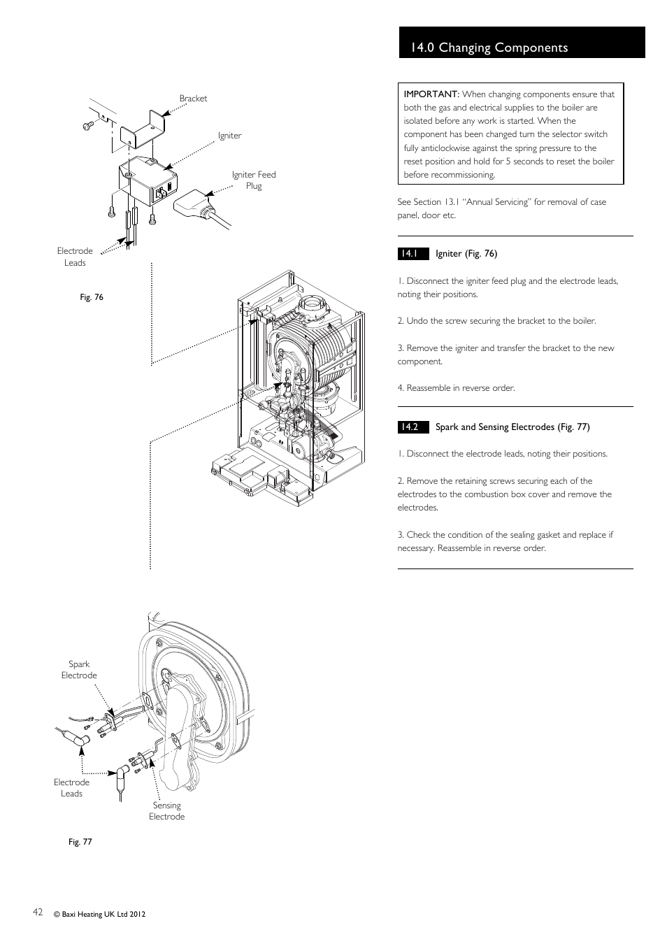 0 changing components | Baxi Potterton Titanium Condensing Combination Boiler 47-393-40 User Manual | Page 42 / 64