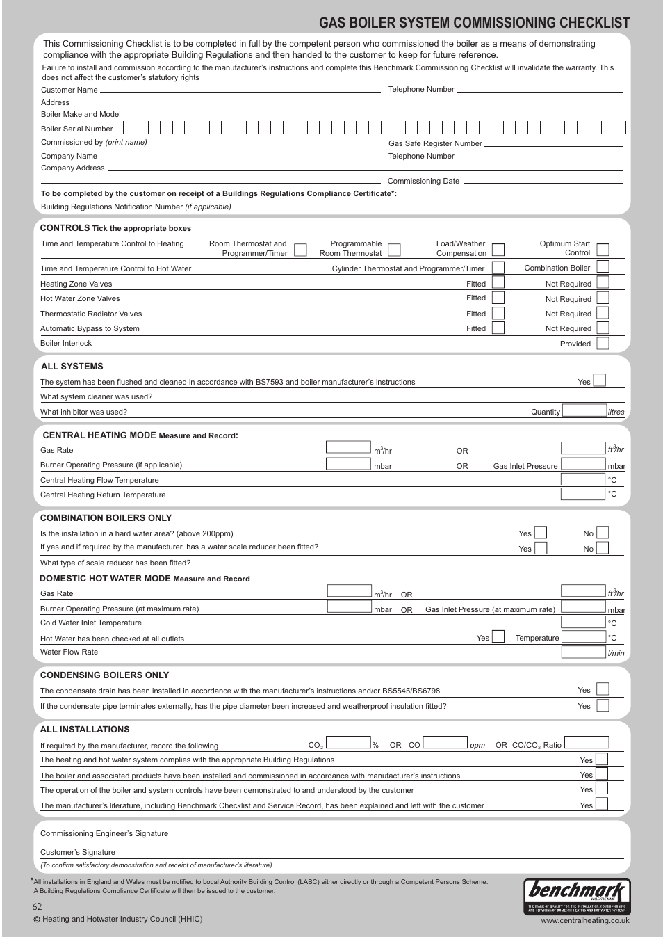 Gas boiler system commissioning checklist | Baxi Potterton Titanium Condensing Combination Boiler 47-393-40 User Manual | Page 62 / 64