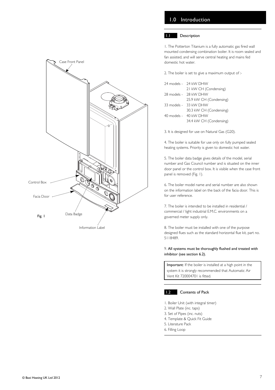0 introduction | Baxi Potterton Titanium Condensing Combination Boiler 47-393-40 User Manual | Page 7 / 64