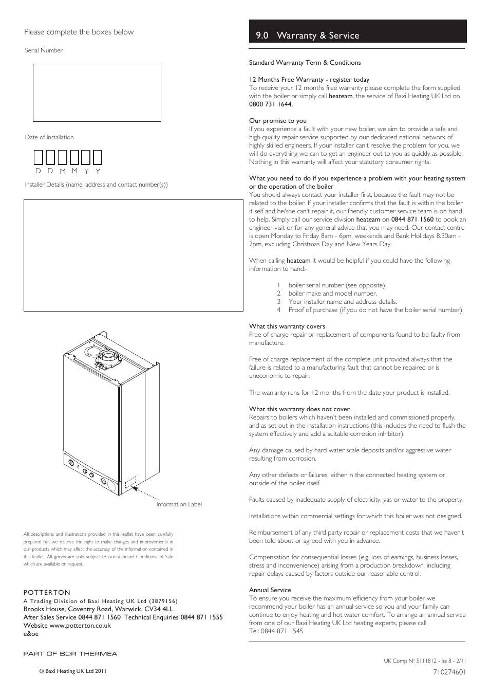 0 warranty & service | Baxi Potterton 24 Eco HE User Manual | Page 12 / 12