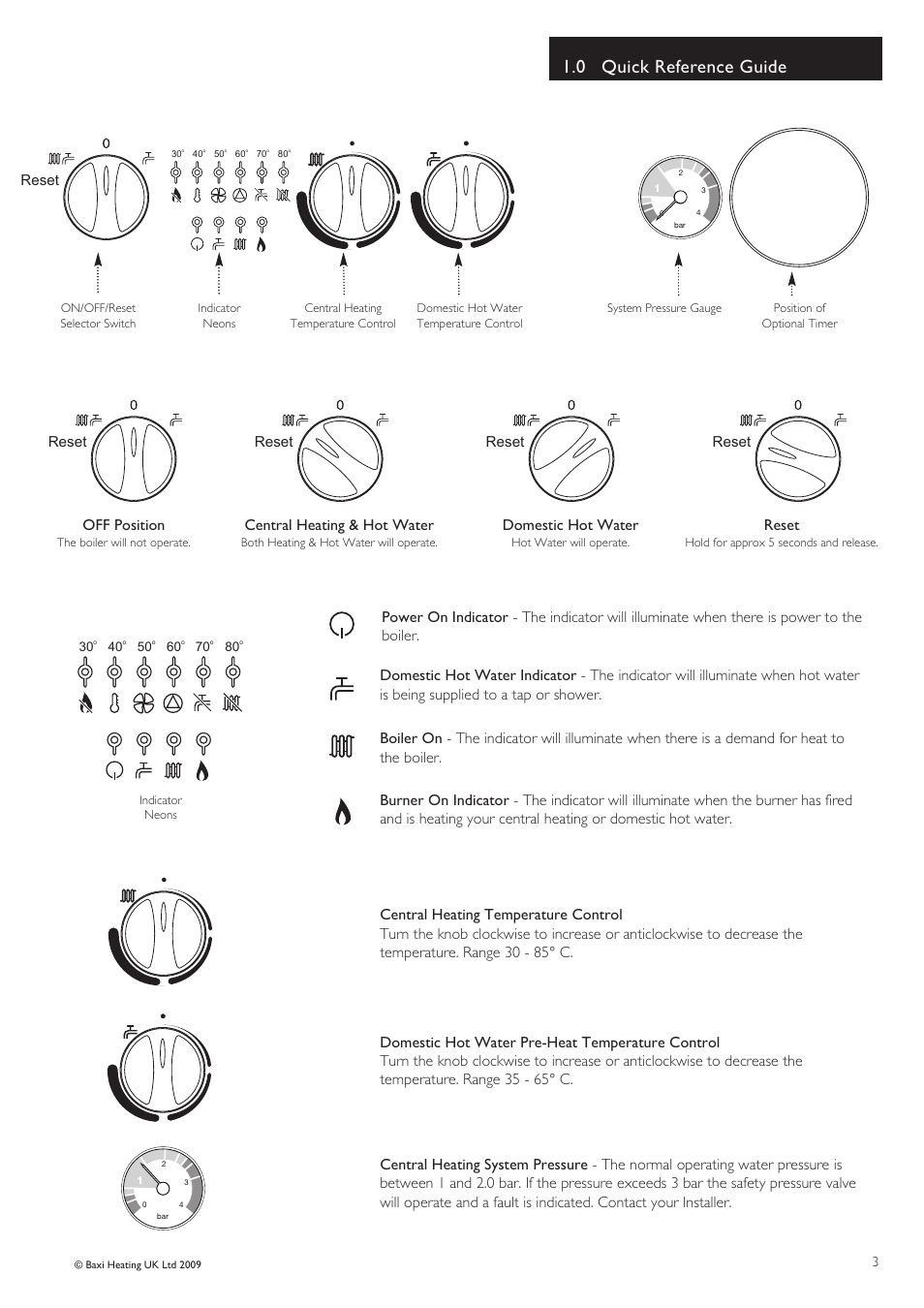 0 quick reference guide, Off position, Central heating & hot water | Domestic hot water, Reset | Baxi Potterton COMBI 105 HE User Manual | Page 3 / 12