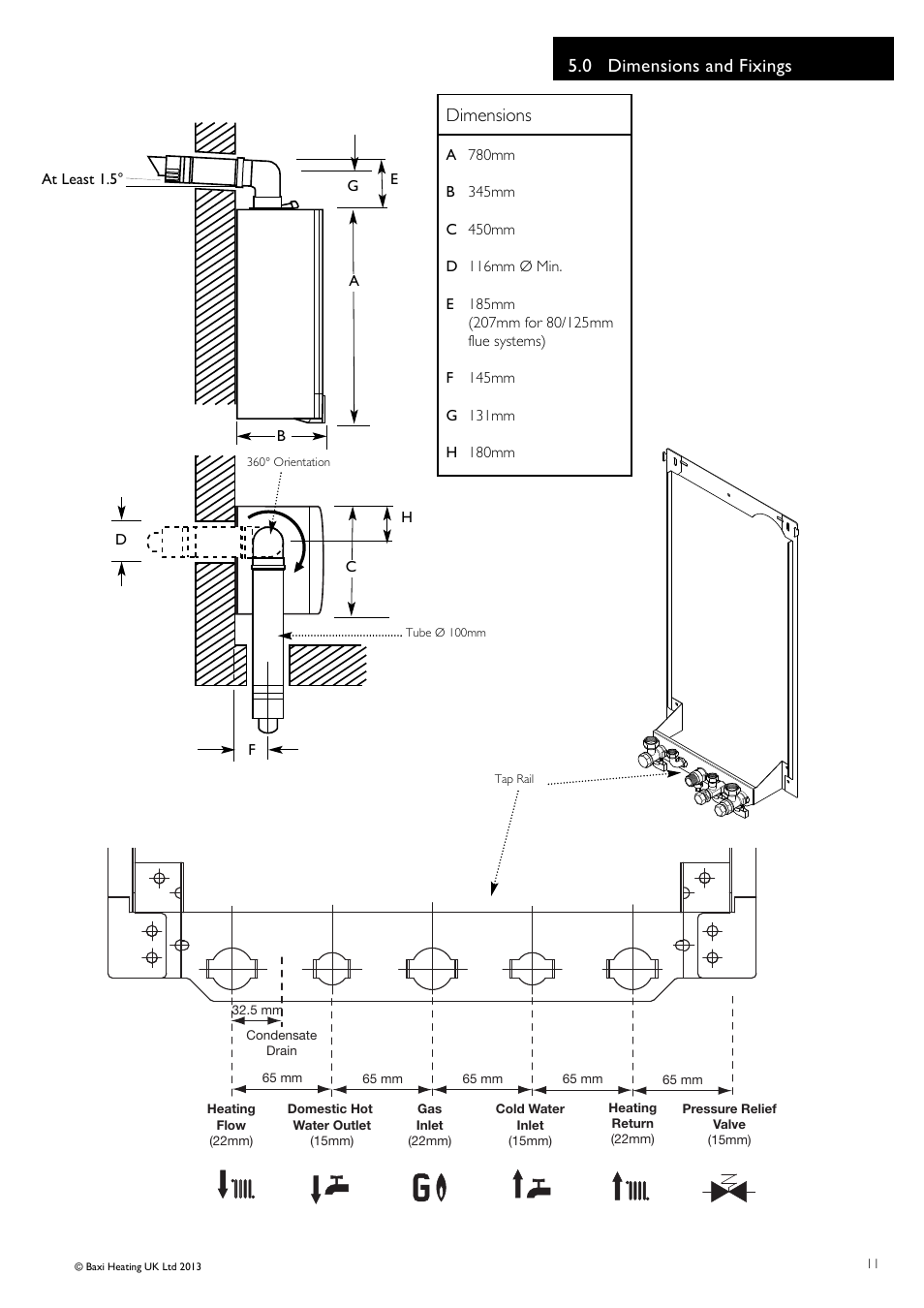 0 dimensions and fixings, Dimensions | Baxi Potterton Promax Combi HE Plus A Range G.C.No 47 393 23 User Manual | Page 11 / 60