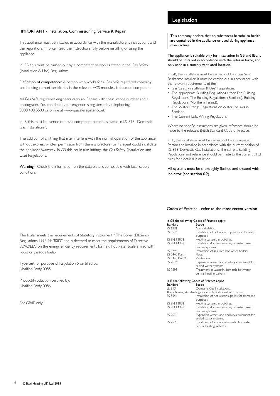Legislation | Baxi Potterton Promax Combi HE Plus A Range G.C.No 47 393 23 User Manual | Page 4 / 60