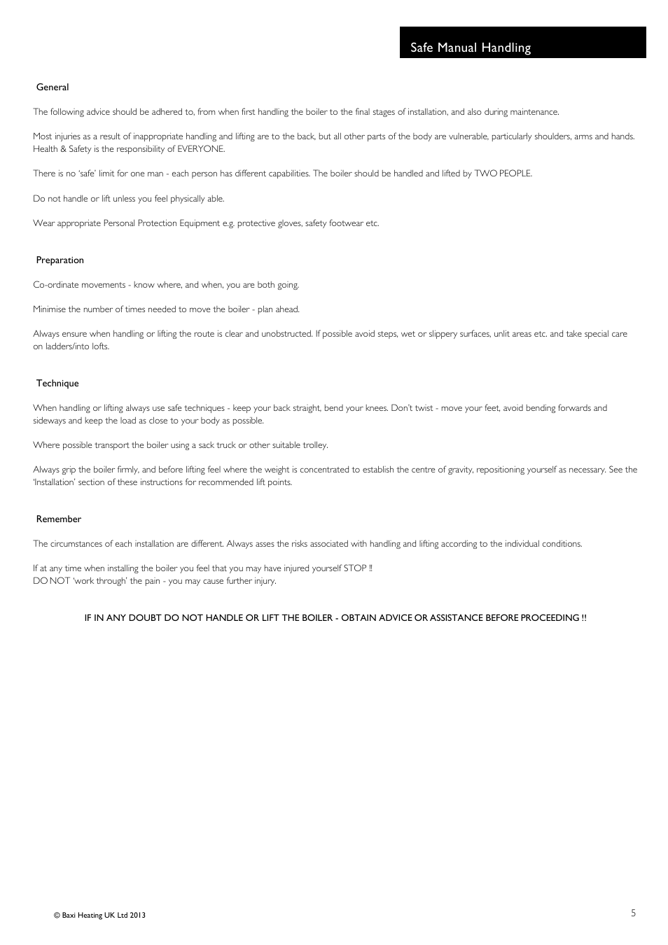 Safe manual handling | Baxi Potterton Promax Combi HE Plus A Range G.C.No 47 393 23 User Manual | Page 5 / 60