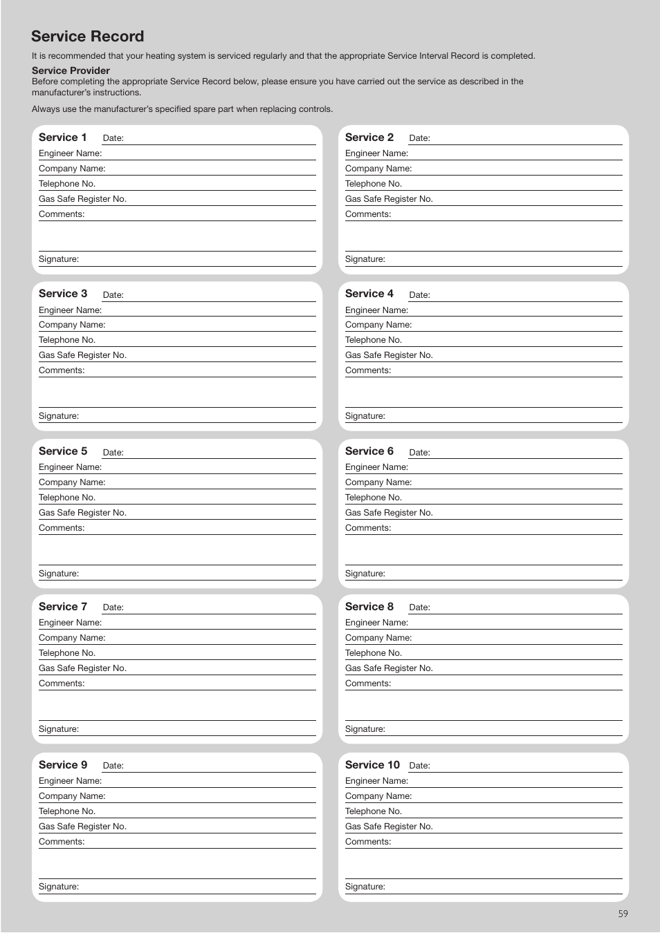 Service record | Baxi Potterton Promax Combi HE Plus A Range G.C.No 47 393 23 User Manual | Page 59 / 60