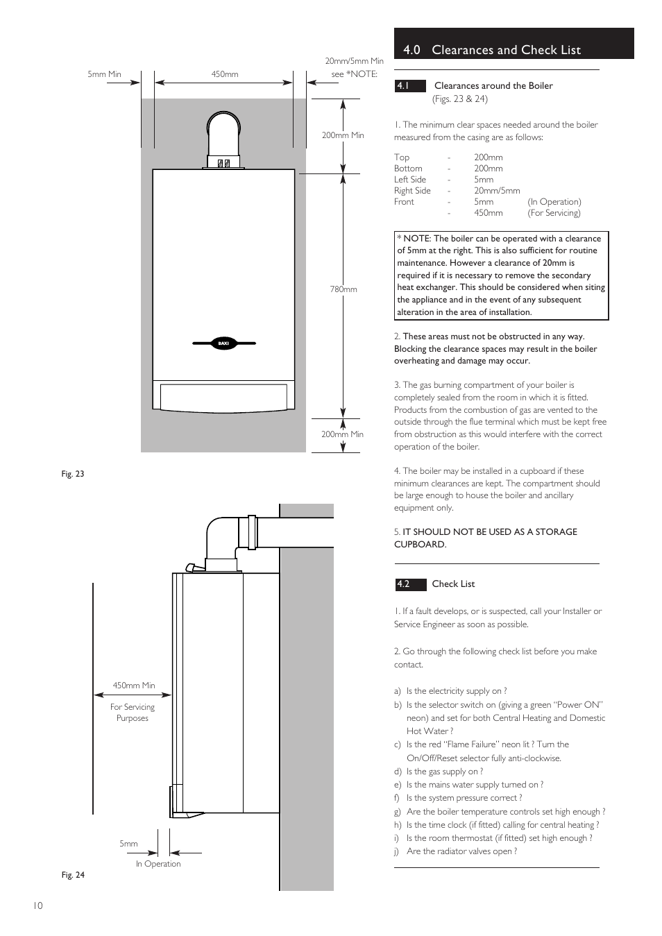0 clearances and check list | Baxi Potterton BAXI COMBI INSTANT 105 HE User Manual | Page 10 / 12