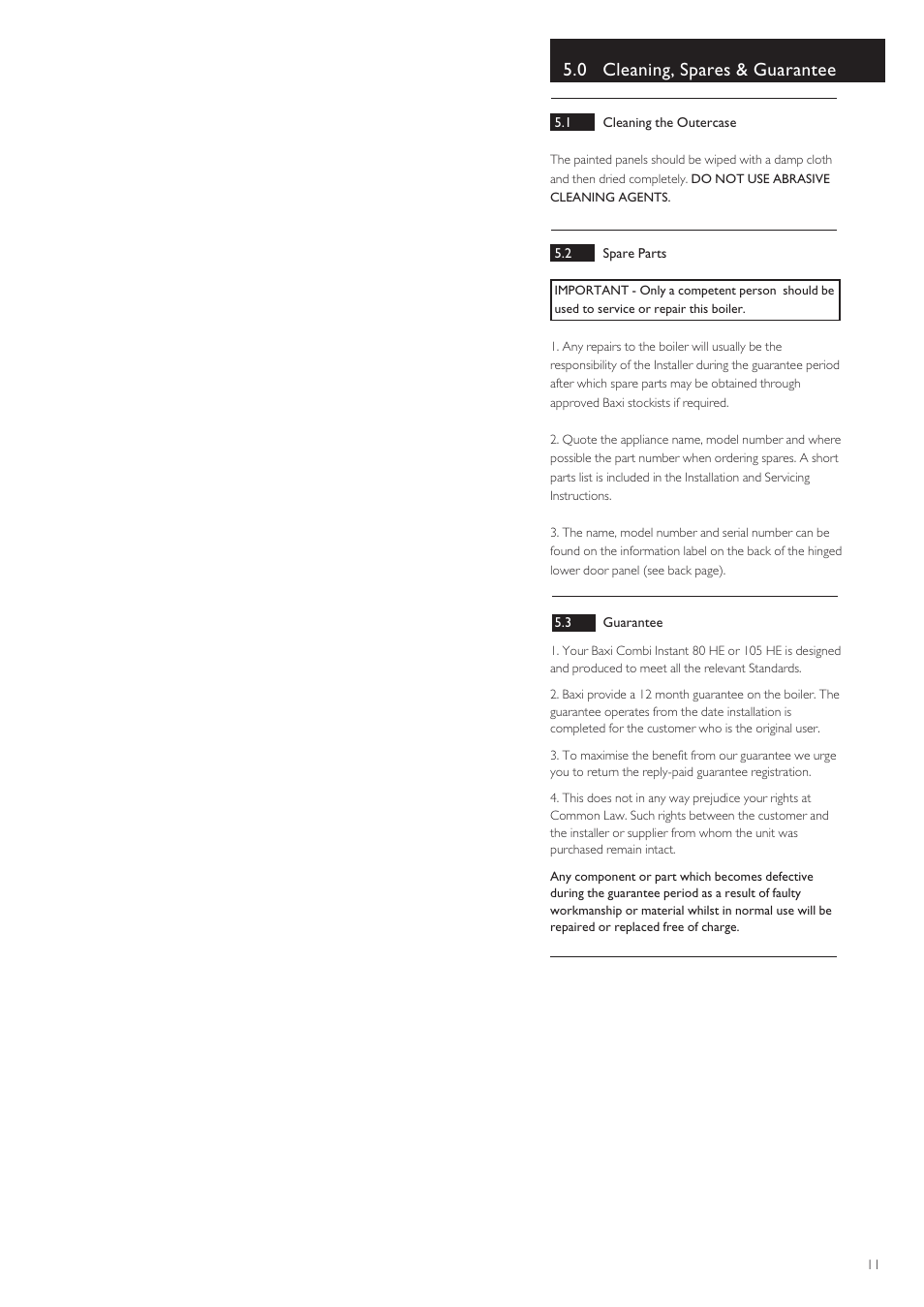 0 cleaning, spares & guarantee | Baxi Potterton BAXI COMBI INSTANT 105 HE User Manual | Page 11 / 12