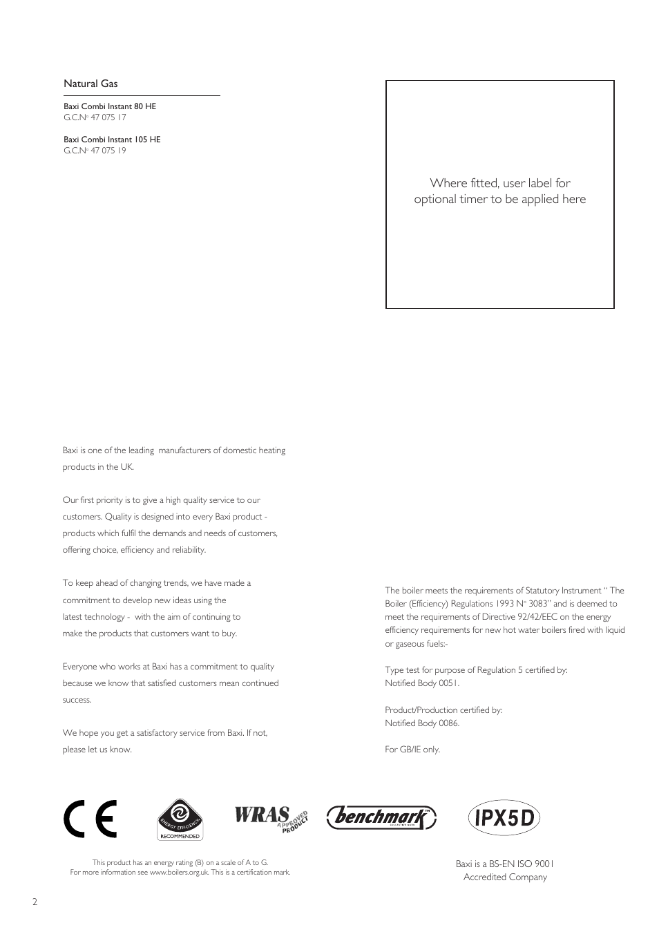 Baxi Potterton BAXI COMBI INSTANT 105 HE User Manual | Page 2 / 12