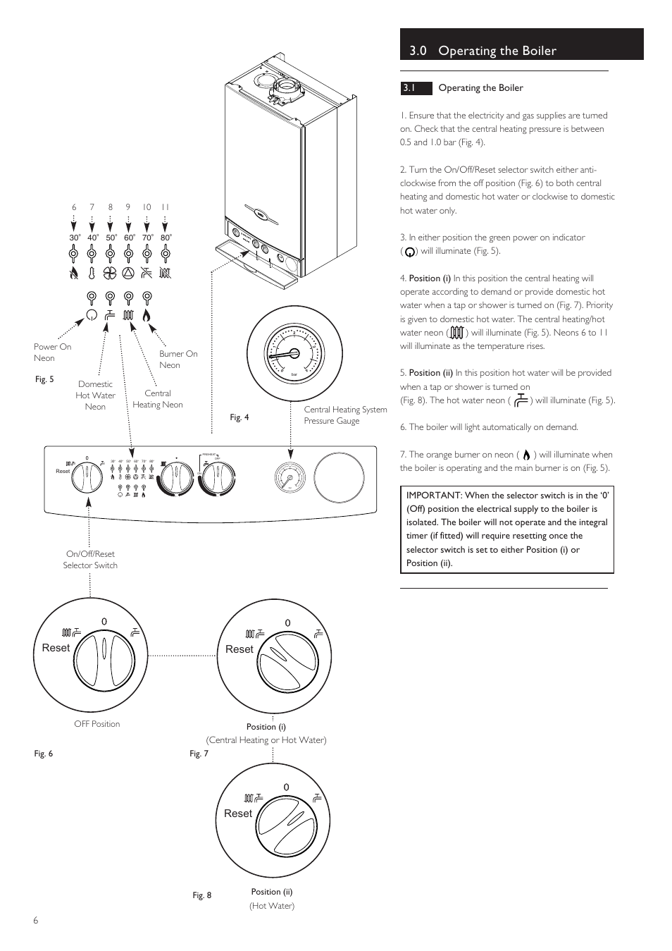 0 operating the boiler, Reset, 1 operating the boiler | Baxi Potterton BAXI COMBI INSTANT 105 HE User Manual | Page 6 / 12