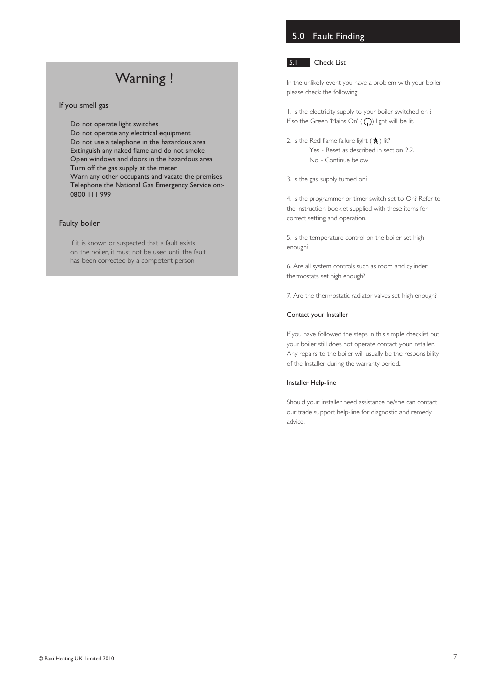 Warning, 0 fault finding | Baxi Potterton FSB 30 HE User Manual | Page 7 / 8