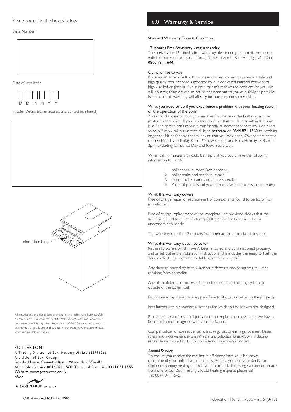 0 warranty & service | Baxi Potterton FSB 30 HE User Manual | Page 8 / 8