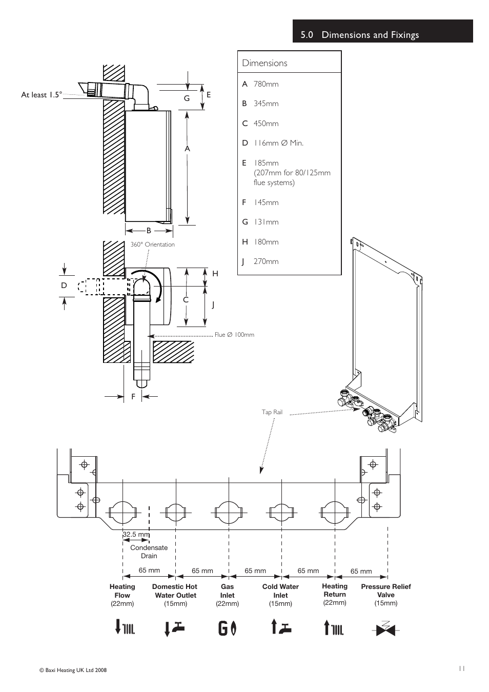 0 dimensions and fixings, Dimensions | Baxi Potterton Gold HE A Range User Manual | Page 11 / 60