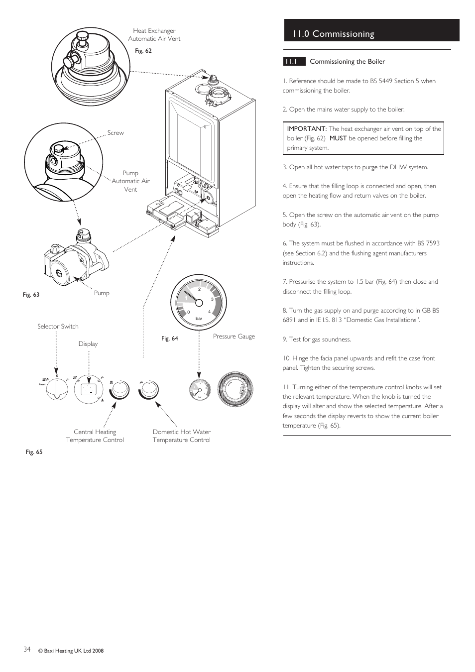 0 commissioning, 1 commissioning the boiler, Pump | Display heat exchanger automatic air vent | Baxi Potterton Gold HE A Range User Manual | Page 34 / 60