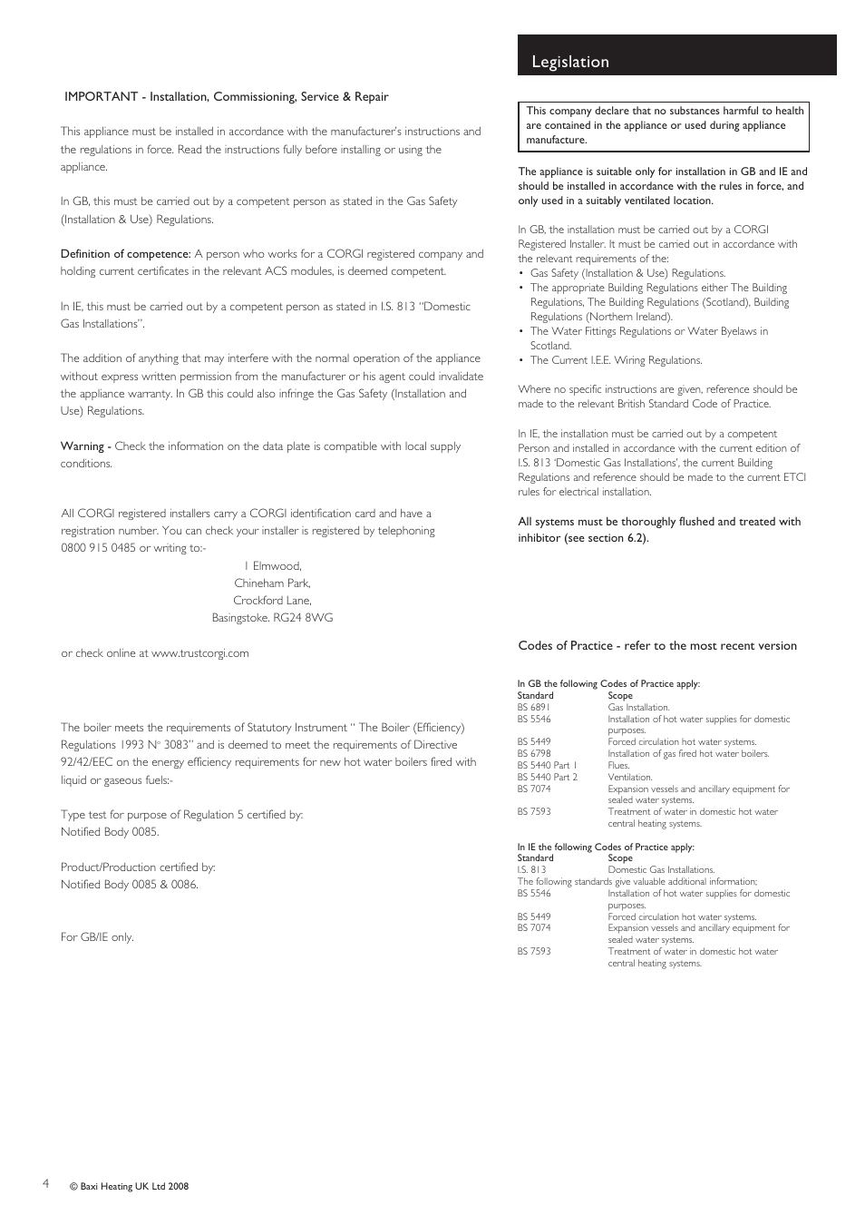 Legislation | Baxi Potterton Gold HE A Range User Manual | Page 4 / 60