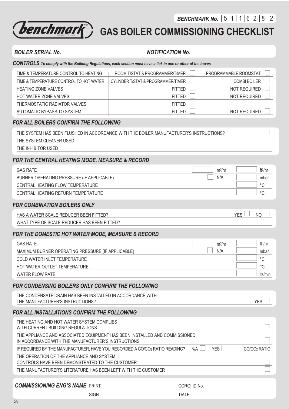 Gas boiler commissioning checklist | Baxi Potterton Gold HE A Range User Manual | Page 58 / 60