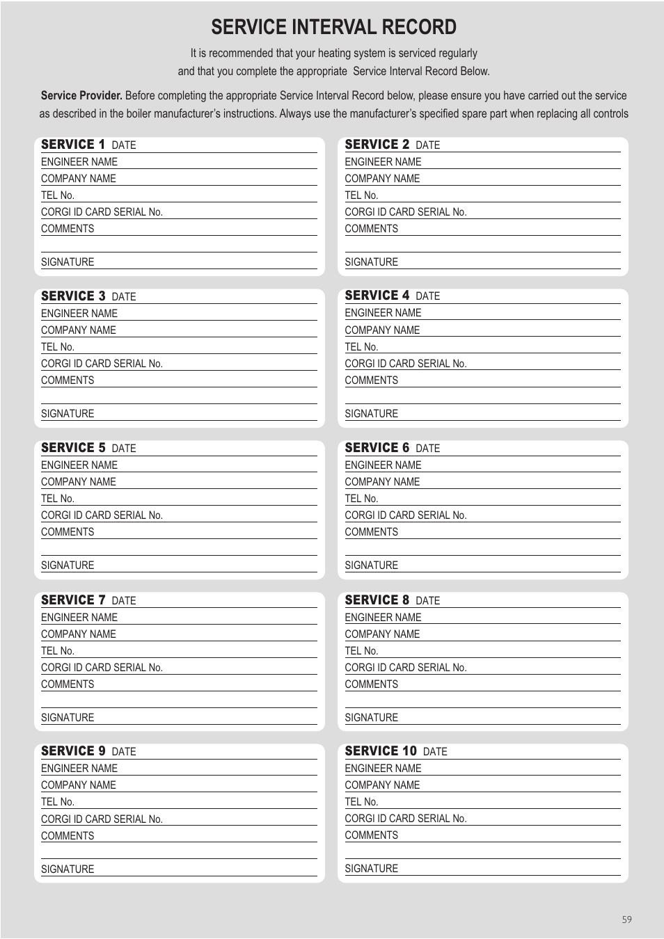 Service interval record | Baxi Potterton Gold HE A Range User Manual | Page 59 / 60