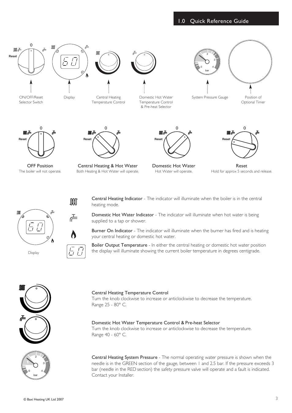 0 quick reference guide, Off position, Central heating & hot water | Reset, Domestic hot water | Baxi Potterton 33 HE User Manual | Page 3 / 12