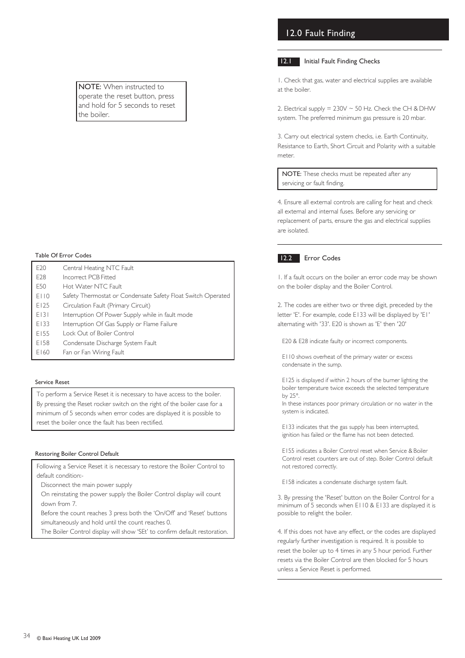 0 fault finding | Baxi Potterton BBU 15 HE User Manual | Page 34 / 44