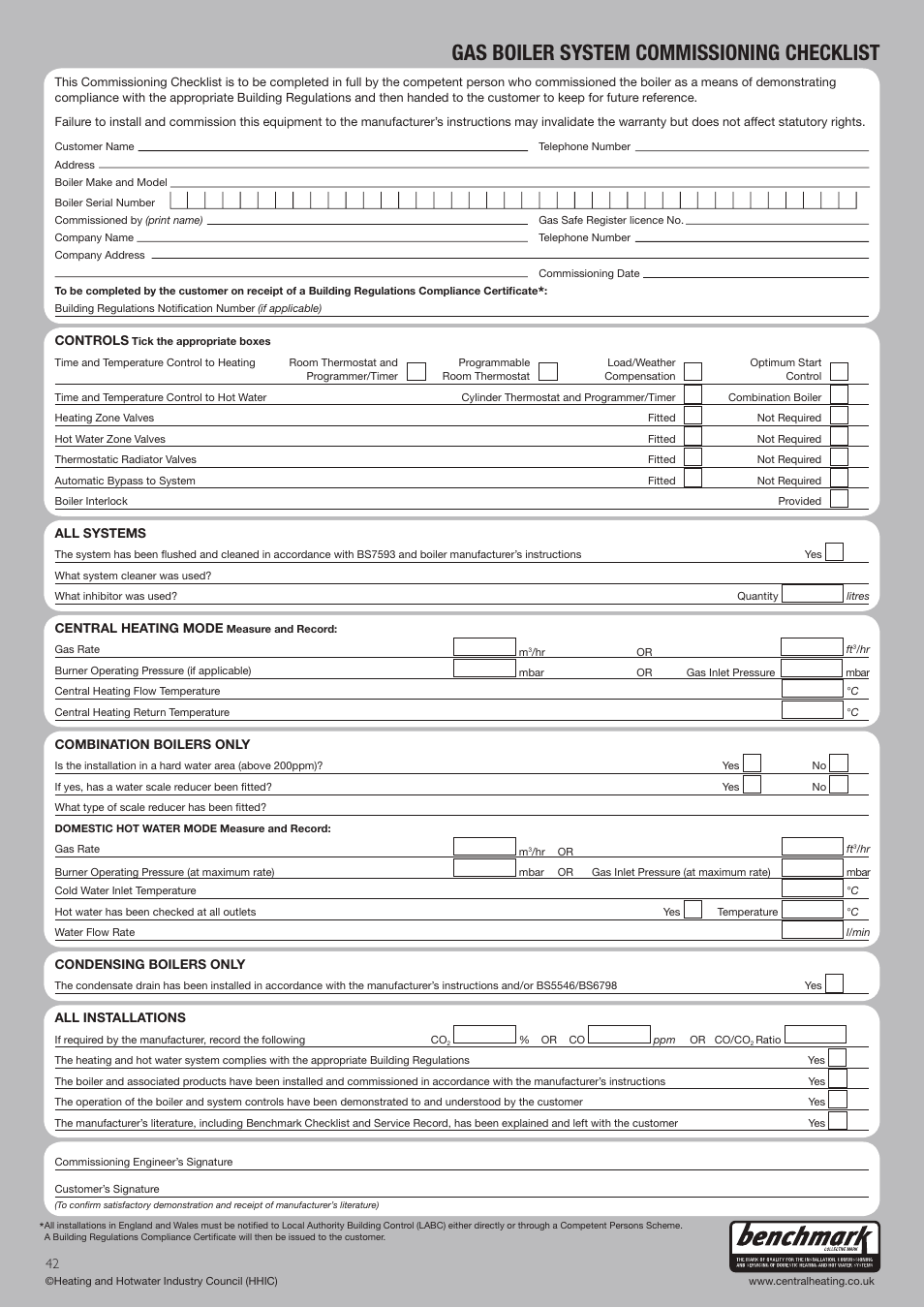 Gas boiler system commissioning checklist | Baxi Potterton BBU 15 HE User Manual | Page 42 / 44