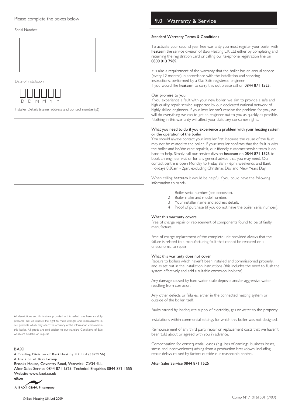 0 warranty & service, Please complete the boxes below | Baxi Potterton BBU 15 HE User Manual | Page 44 / 44