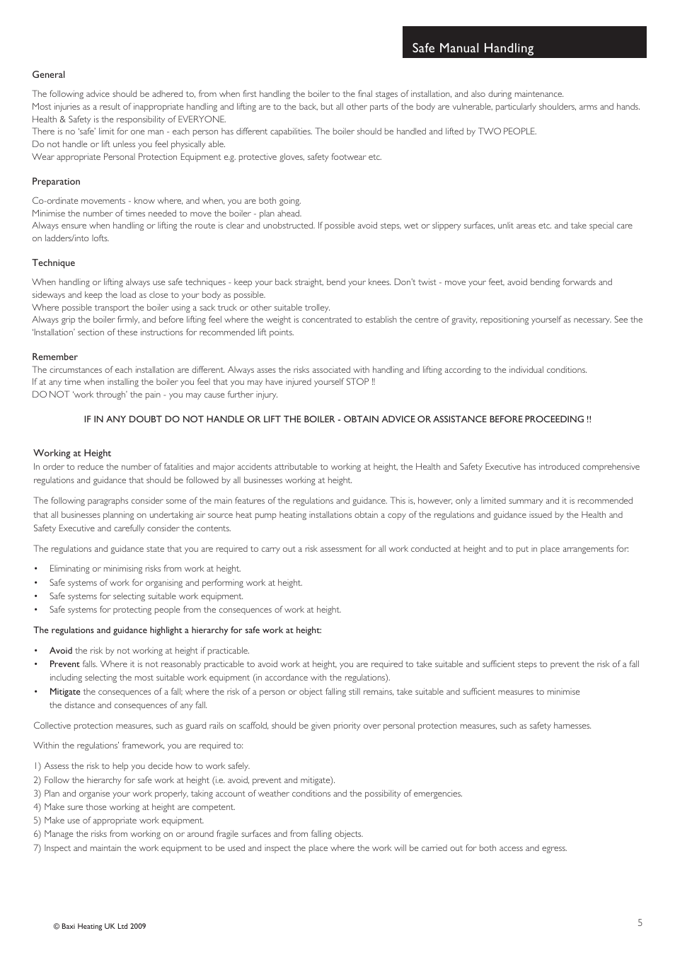 Safe manual handling | Baxi Potterton BBU 15 HE User Manual | Page 5 / 44