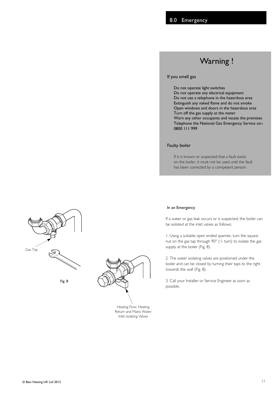 Warning, 0 emergency | Baxi Potterton Gold HE A Range Condensing Combination Boiler G.C.No 47 393 19 User Manual | Page 11 / 12