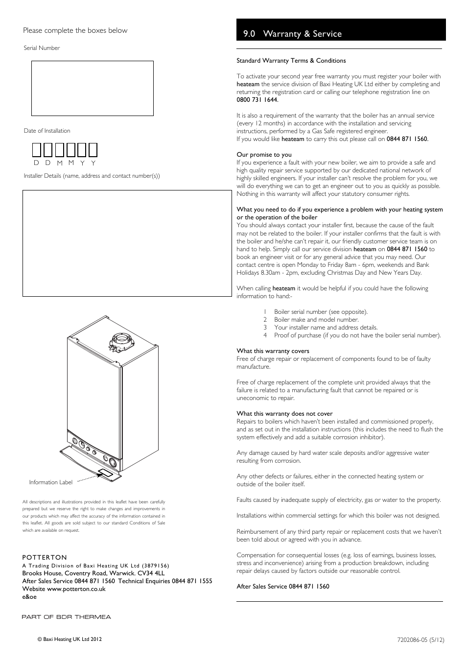 0 warranty & service | Baxi Potterton Gold HE A Range Condensing Combination Boiler G.C.No 47 393 19 User Manual | Page 12 / 12
