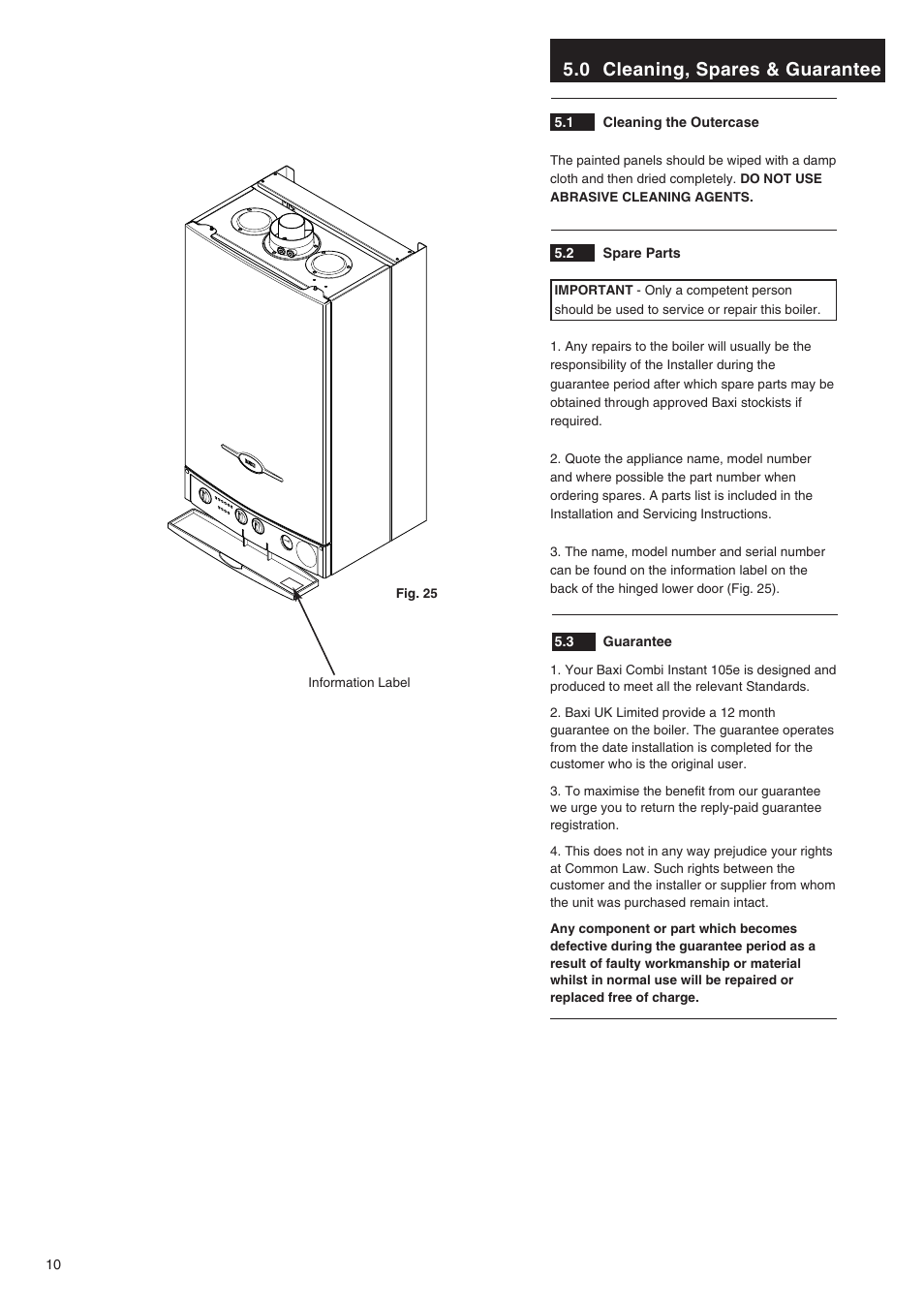 0 cleaning, spares & guarantee | Baxi Potterton BAXI COMBI INSTANT 105E User Manual | Page 10 / 12