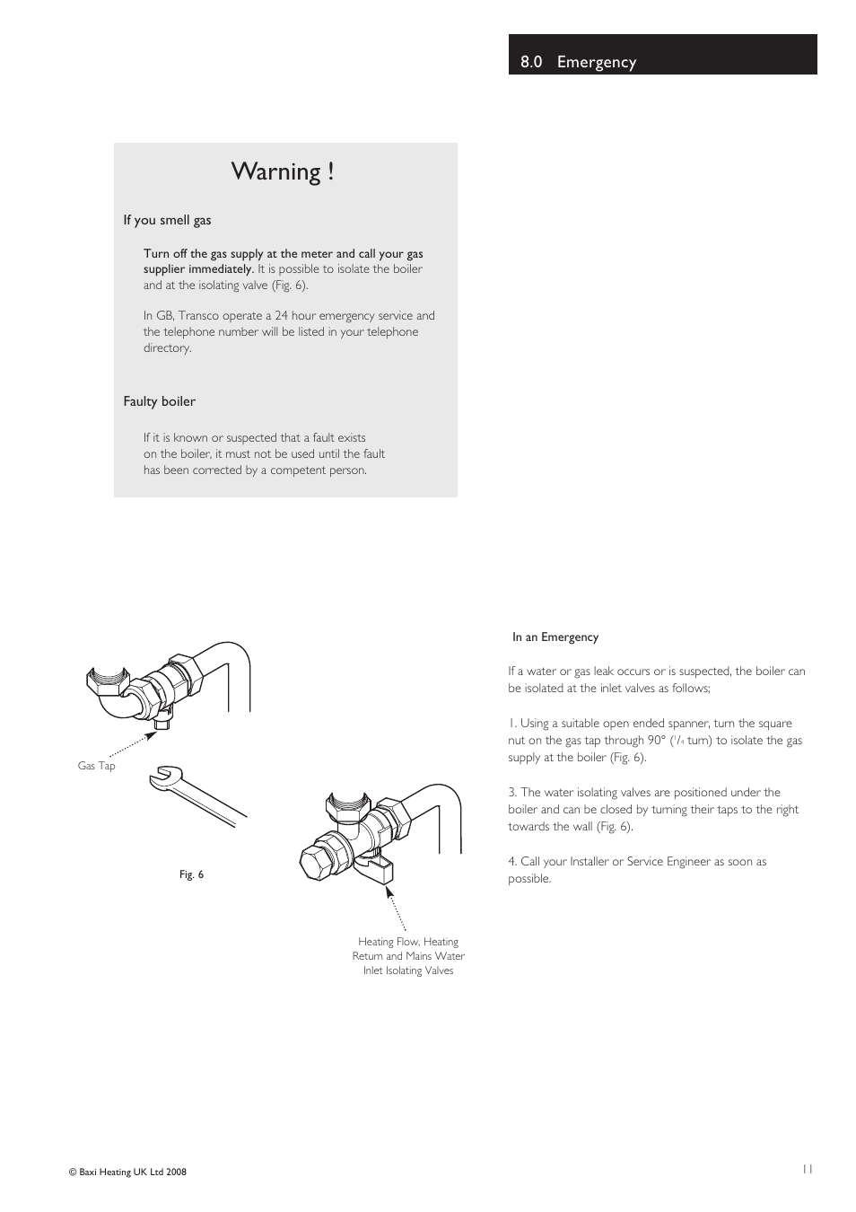 Warning, 0 emergency | Baxi Potterton HE Plus A User Manual | Page 11 / 12