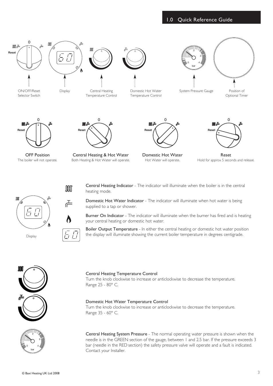 0 quick reference guide, Off position, Central heating & hot water | Reset, Domestic hot water | Baxi Potterton HE Plus A User Manual | Page 3 / 12