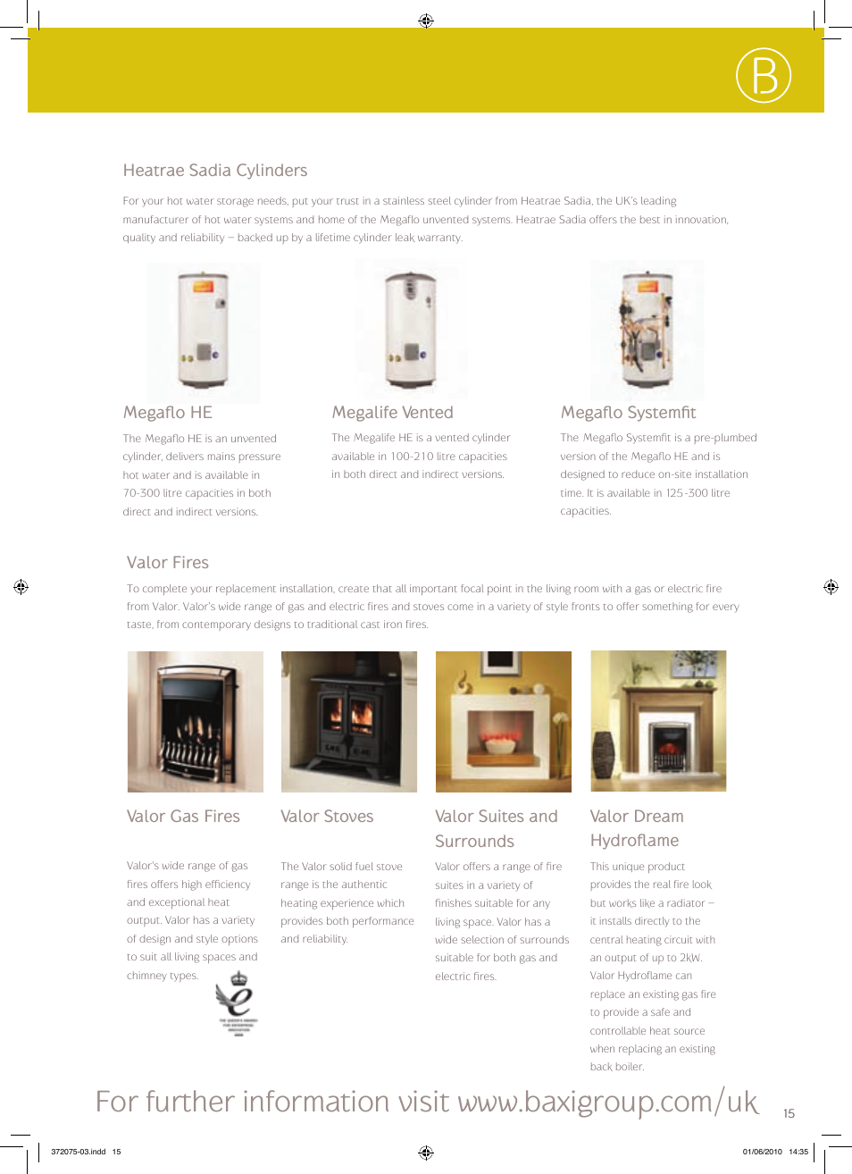 Megaflo he, Valor dream hydroflame, Valor suites and surrounds | Valor stoves, Megalife vented, Megaflo systemfit, Valor fires, Heatrae sadia cylinders, Valor gas fires | Baxi Potterton BERMUDA BBU HE User Manual | Page 15 / 20