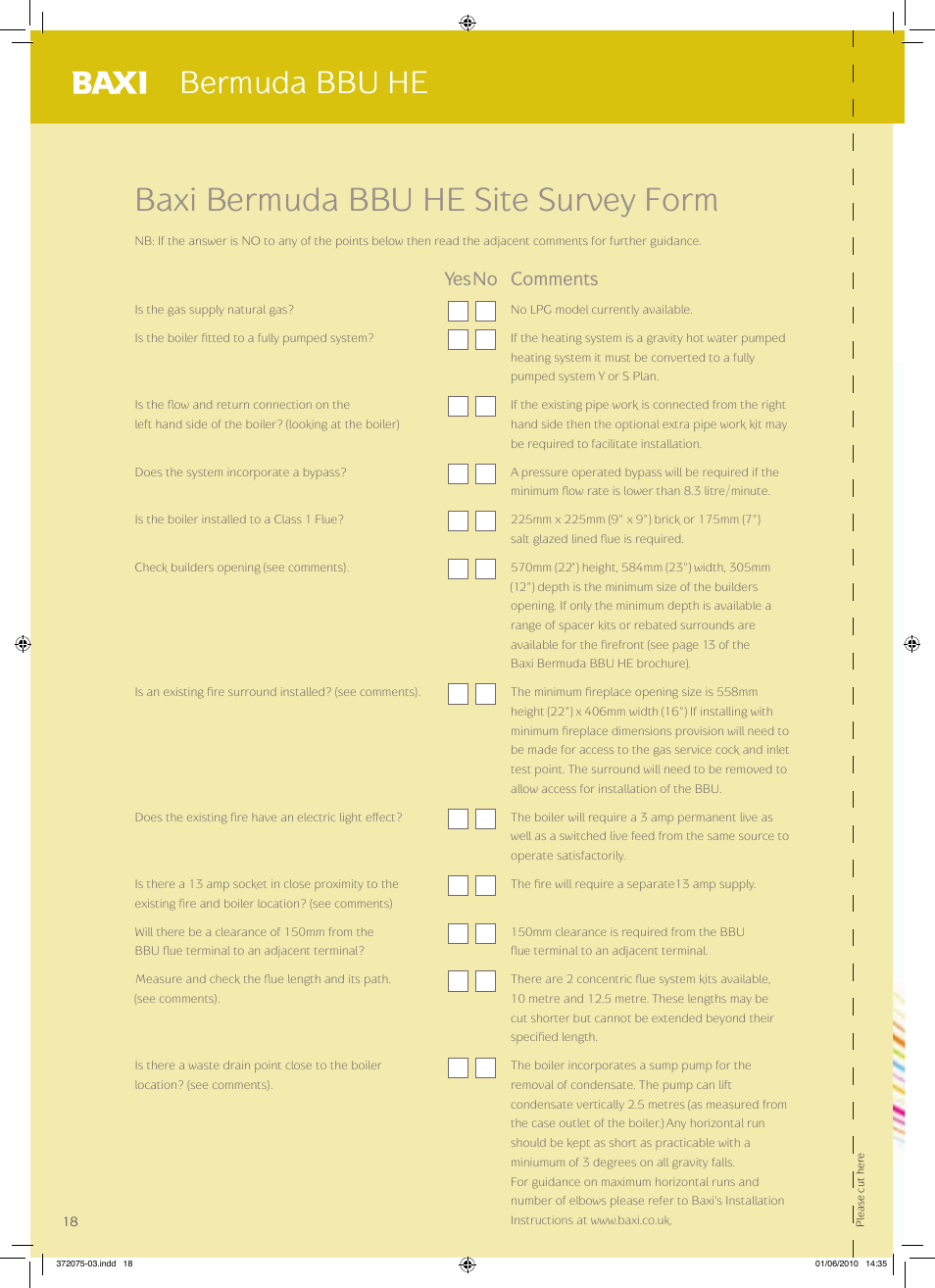 Baxi bermuda bbu he site survey form, Bermuda bbu he, Yes no comments | Baxi Potterton BERMUDA BBU HE User Manual | Page 18 / 20