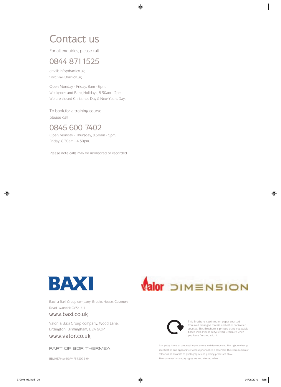 Contact us | Baxi Potterton BERMUDA BBU HE User Manual | Page 20 / 20