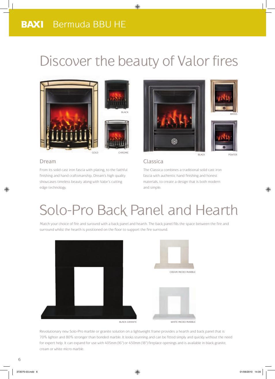 Discover the beauty of valor fires, Solo-pro back panel and hearth, Bermuda bbu he | Baxi Potterton BERMUDA BBU HE User Manual | Page 6 / 20