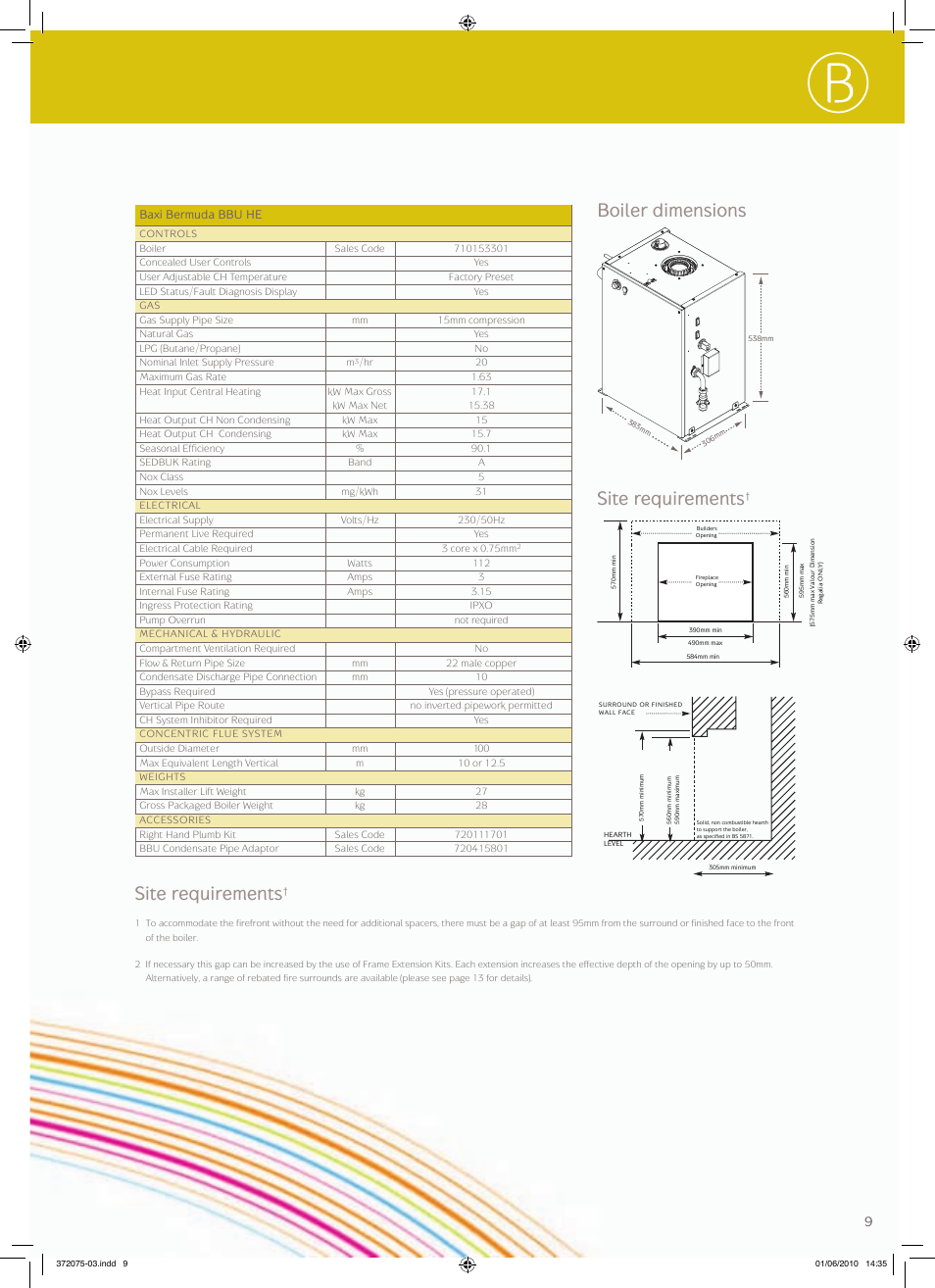 Boiler dimensions site requirements, Site requirements, Baxi bermuda bbu he | Baxi Potterton BERMUDA BBU HE User Manual | Page 9 / 20