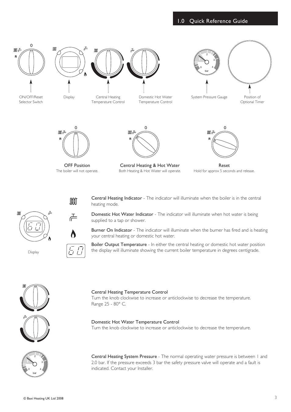 0 quick reference guide, Off position, Reset | Baxi Potterton Boiler User Manual | Page 3 / 12