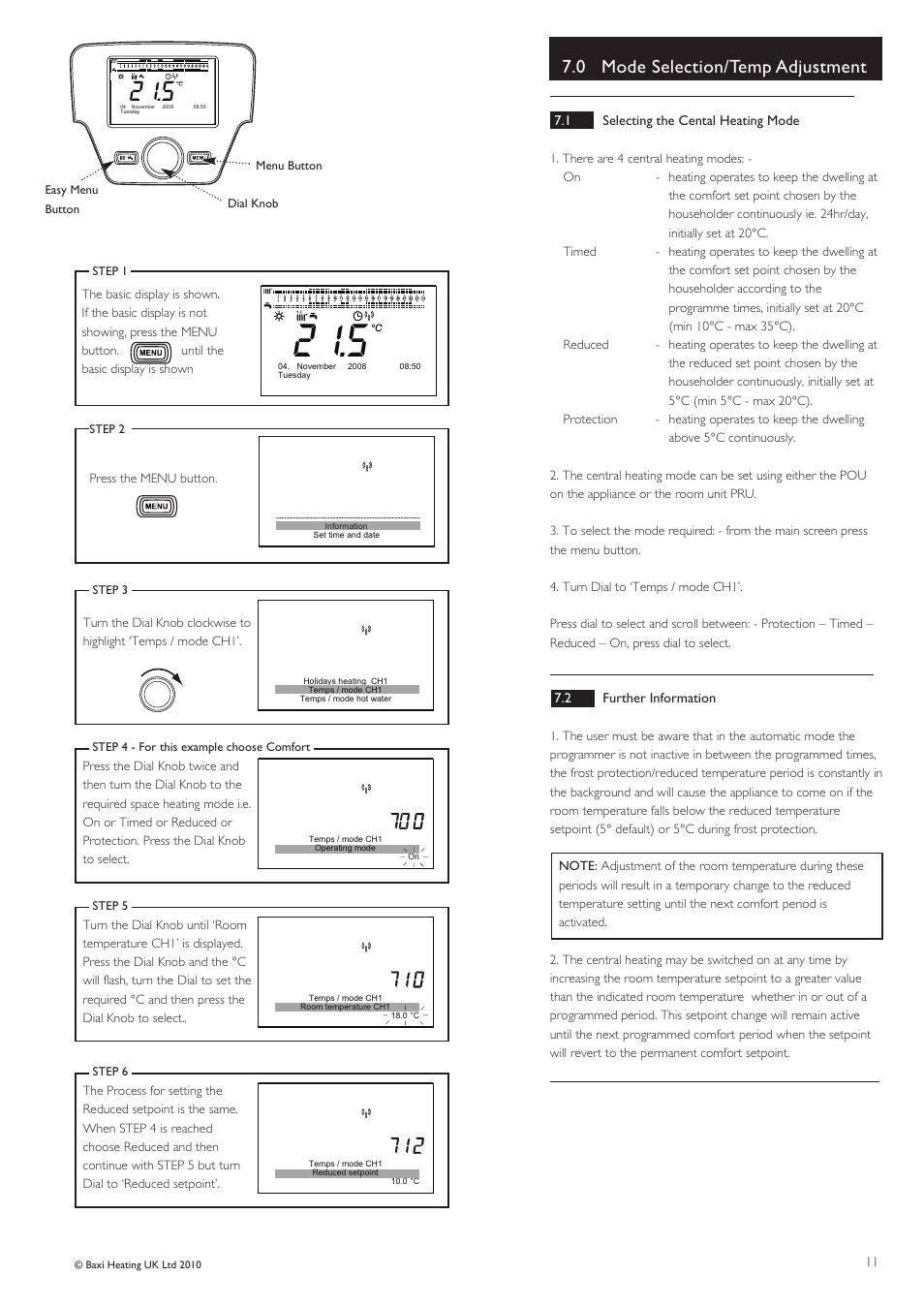 0 mode selection/temp adjustment | Baxi Potterton ECOGEN 24/1.0 User Manual | Page 11 / 24