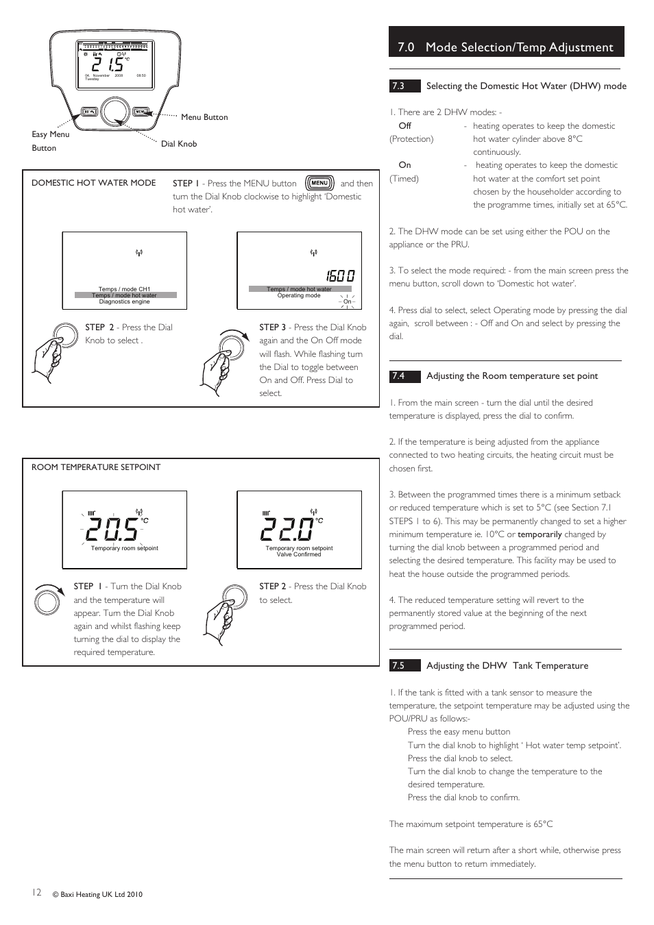 0 mode selection/temp adjustment | Baxi Potterton ECOGEN 24/1.0 User Manual | Page 12 / 24