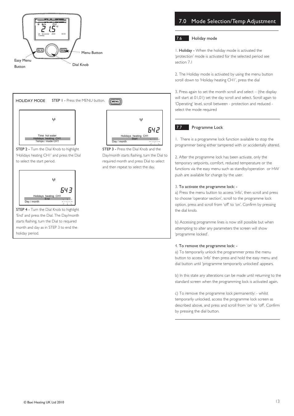 0 mode selection/temp adjustment | Baxi Potterton ECOGEN 24/1.0 User Manual | Page 13 / 24