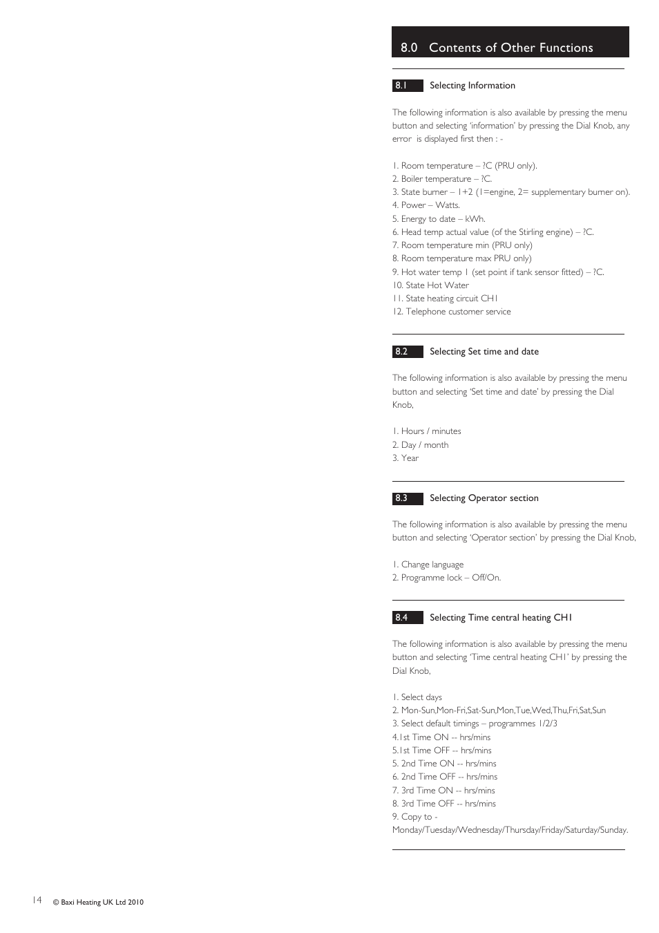 0 contents of other functions | Baxi Potterton ECOGEN 24/1.0 User Manual | Page 14 / 24