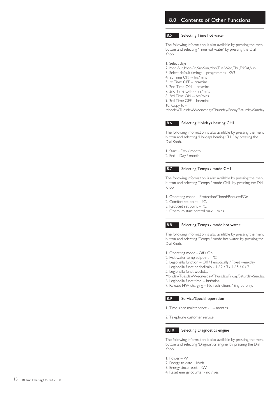 0 contents of other functions | Baxi Potterton ECOGEN 24/1.0 User Manual | Page 15 / 24