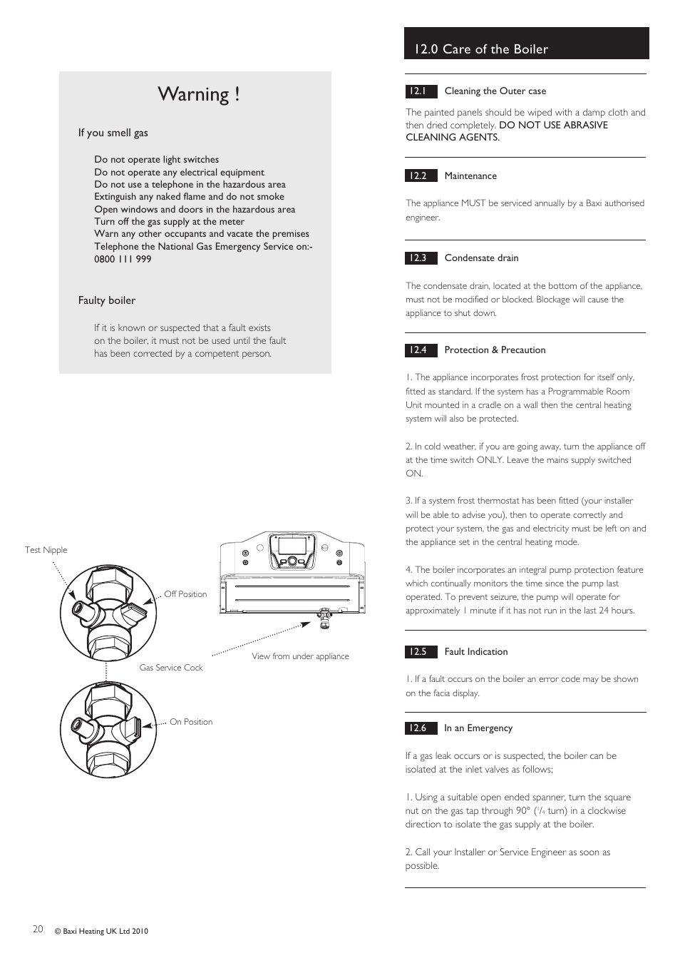 Warning, 0 care of the boiler | Baxi Potterton ECOGEN 24/1.0 User Manual | Page 20 / 24