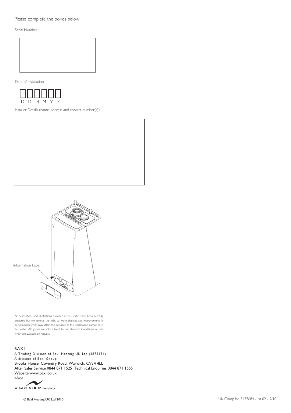 Please complete the boxes below | Baxi Potterton ECOGEN 24/1.0 User Manual | Page 24 / 24