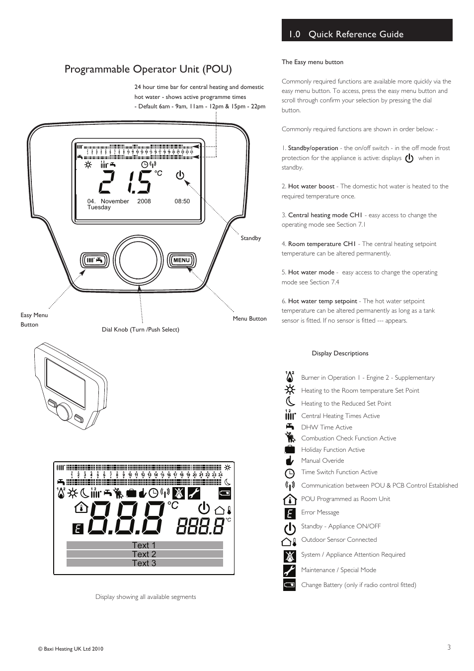 Programmable operator unit (pou), 0 quick reference guide, Text 3 text 1 text 2 | Baxi Potterton ECOGEN 24/1.0 User Manual | Page 3 / 24