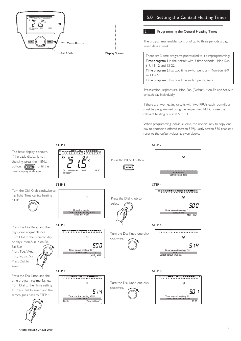 0 setting the central heating times | Baxi Potterton ECOGEN 24/1.0 User Manual | Page 7 / 24