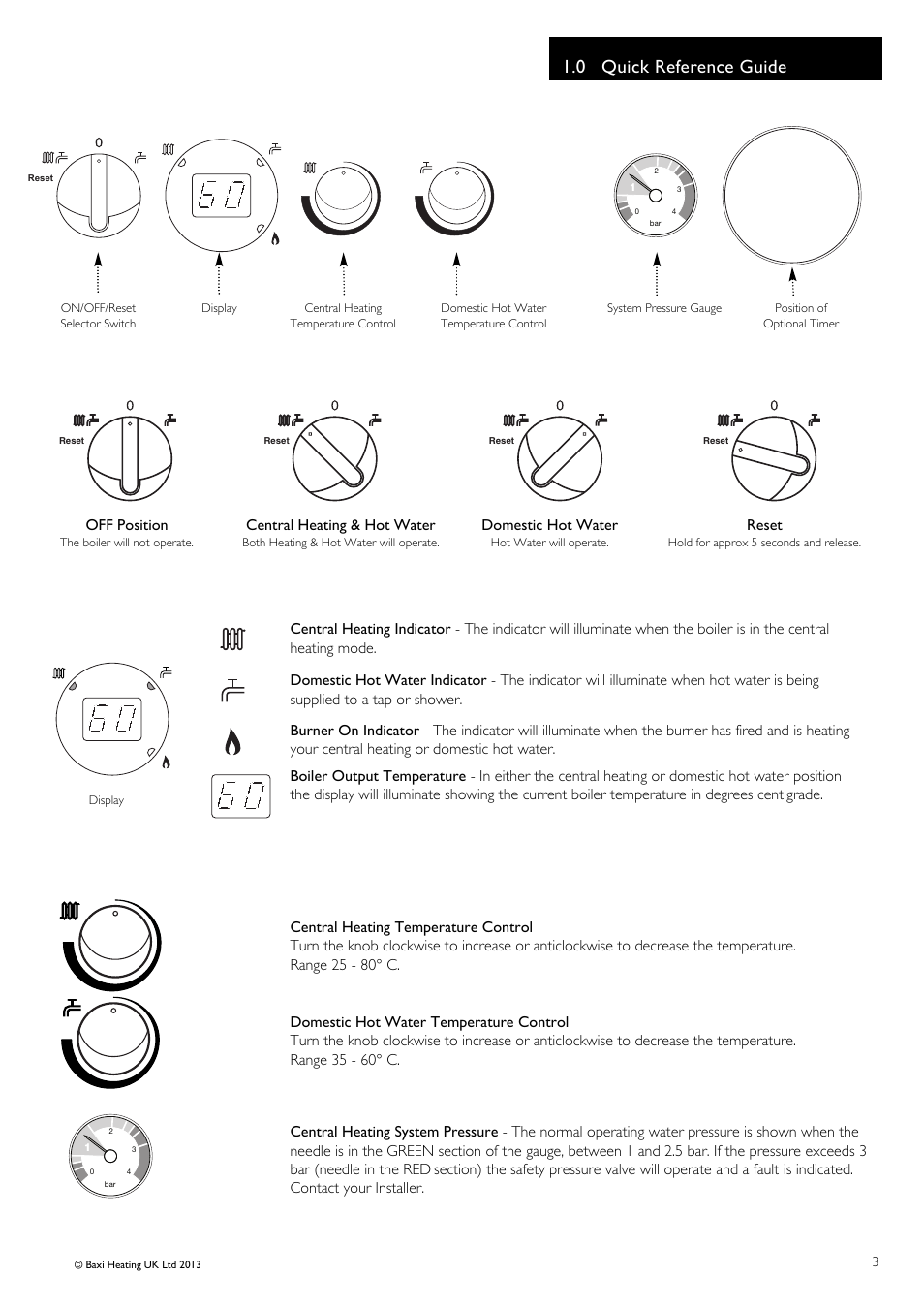 0 quick reference guide, Off position, Central heating & hot water | Reset, Domestic hot water | Baxi Potterton Condensing Combination Boiler Promax Combi 24 HE Plus A User Manual | Page 3 / 12